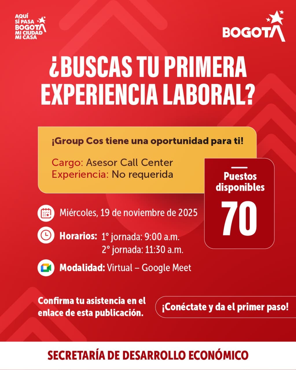 Trabajo sí hay Bogotá 70 vacantes asesores call center miércoles 19 de noviembre de 2025 invitación