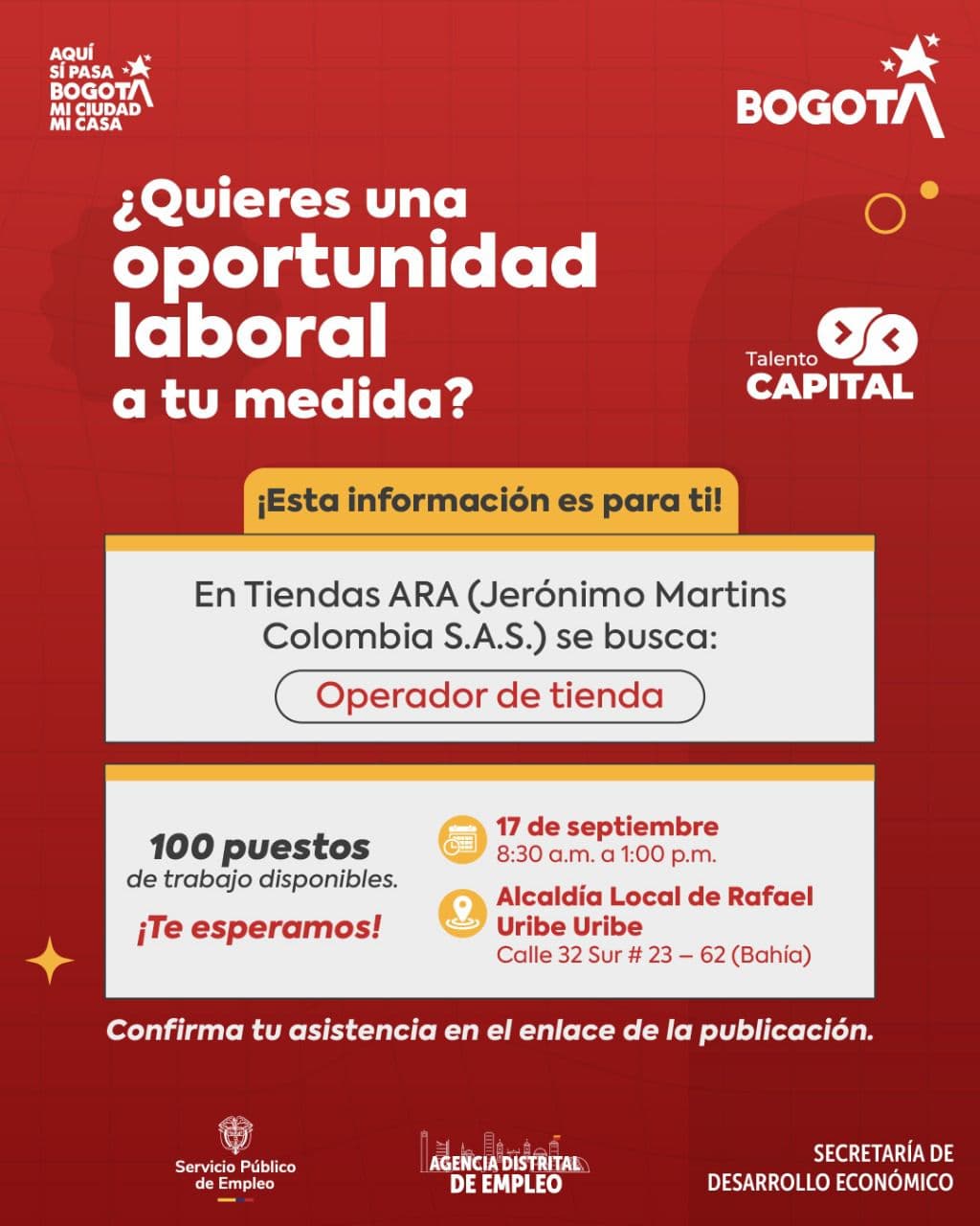 Trabajo sí hay en Bogotá 100 vacantes en ARA miércoles 17 de septiembre de 2025 invitación