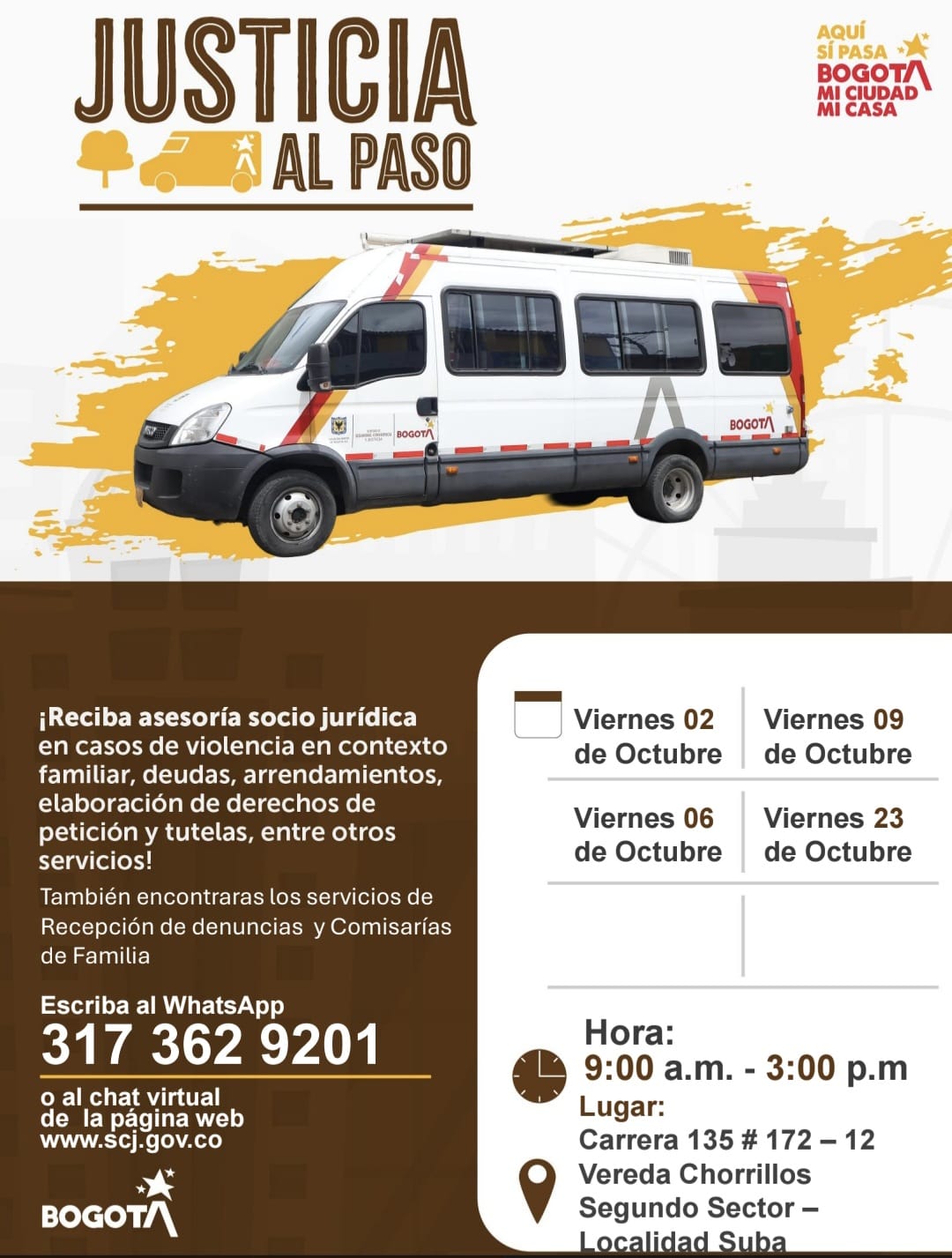Flyer sobre la atención en Vereda Chorrillos, segundo Sector, en Suba.