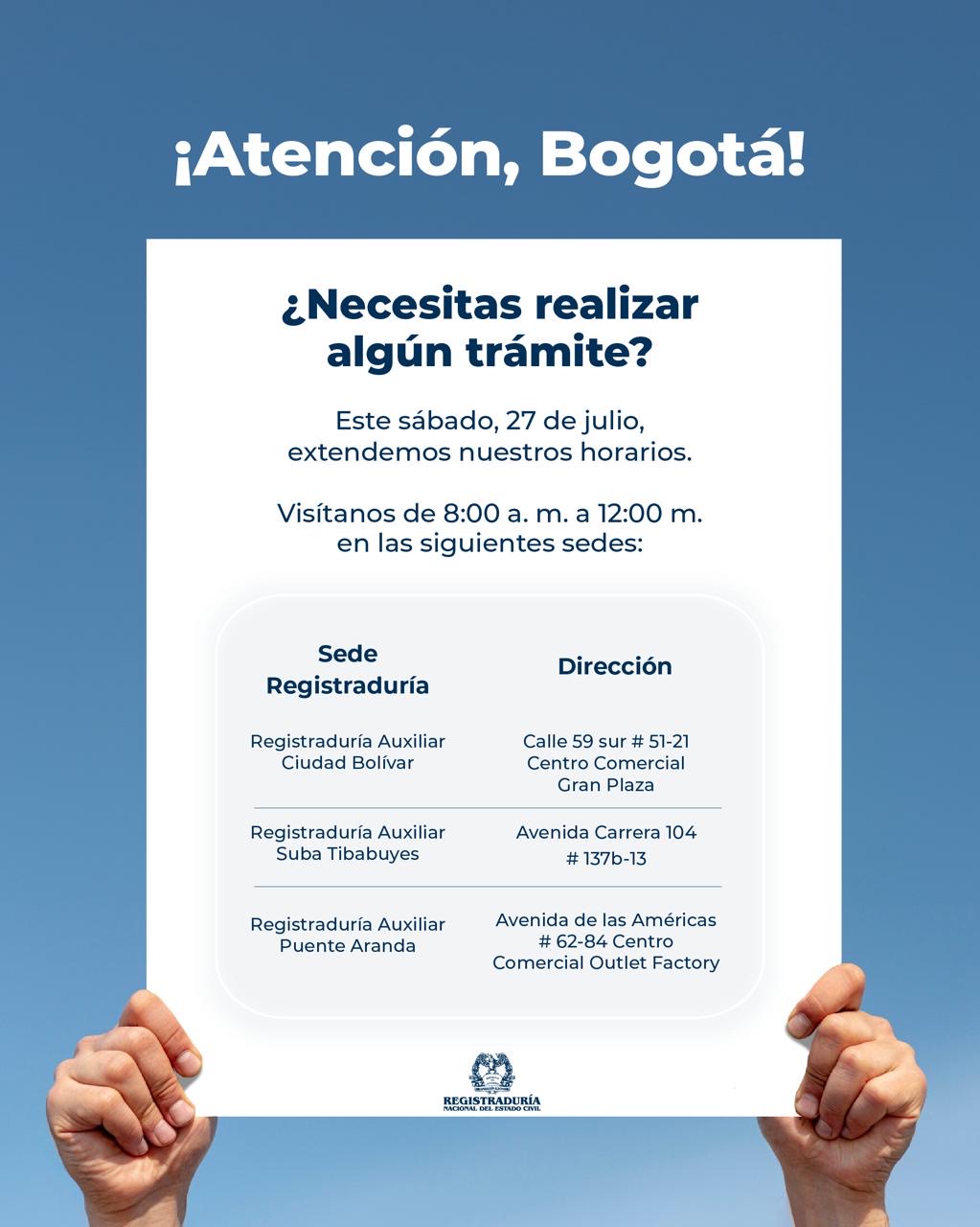 Registraduría auxiliares de Bogotá en servicio sábado 27 de julio de 2024