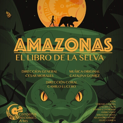 Cartel oficial de la obra infantil Amazonas el libro de la selva, ilustración de una selva 