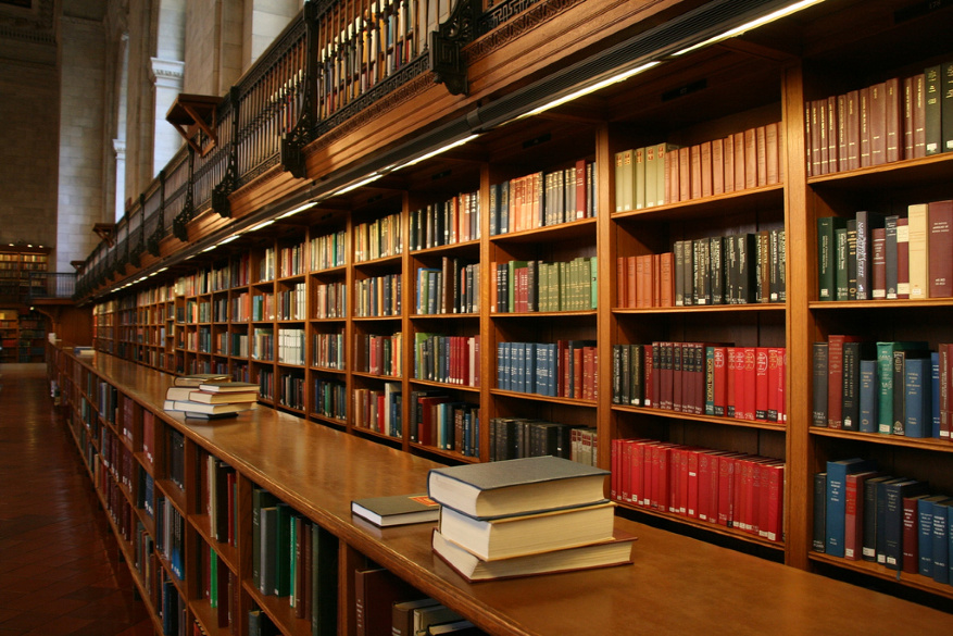 Estanterías llenas de libros en una biblioteca.