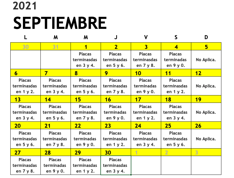 Calendario del pico y placa de taxis durante septiembre de 2021