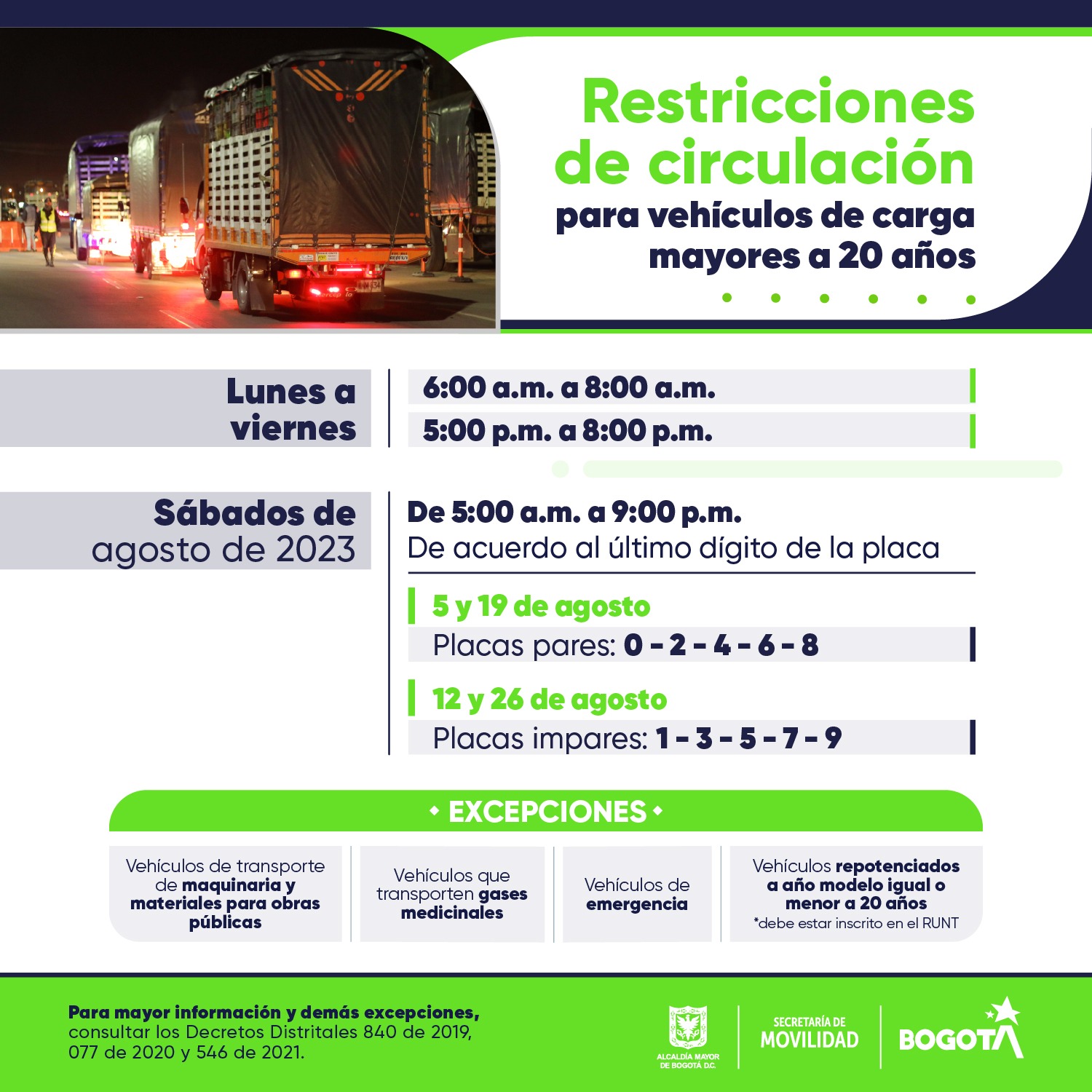 Pico y placa para vehículos de carga del 1 al 31 de agosto en Bogotá