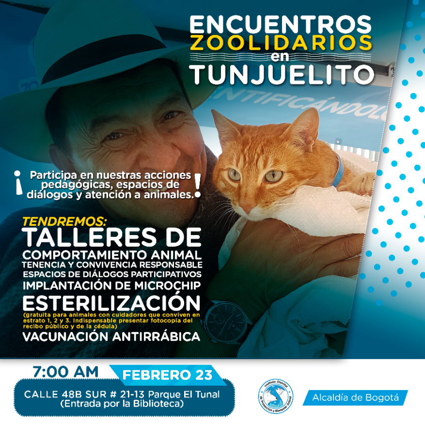 Afiche de encuentros zoolidarios en Tunjuelito, un hombre mayor abraza a un perro 