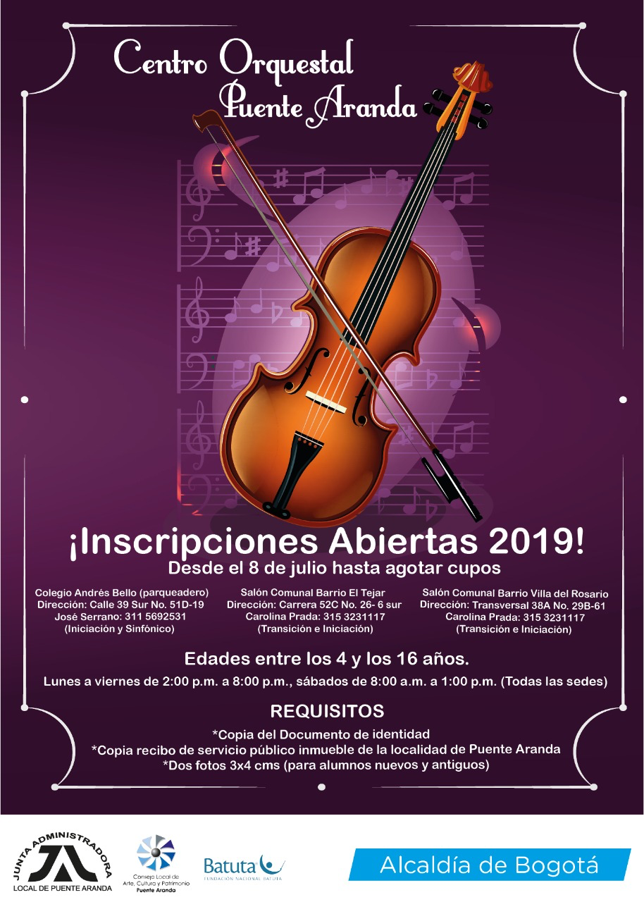 Volante informativo con horarios de atención de la convocatoria del Centro Orquestal de la localidad de Puente Aranda 
