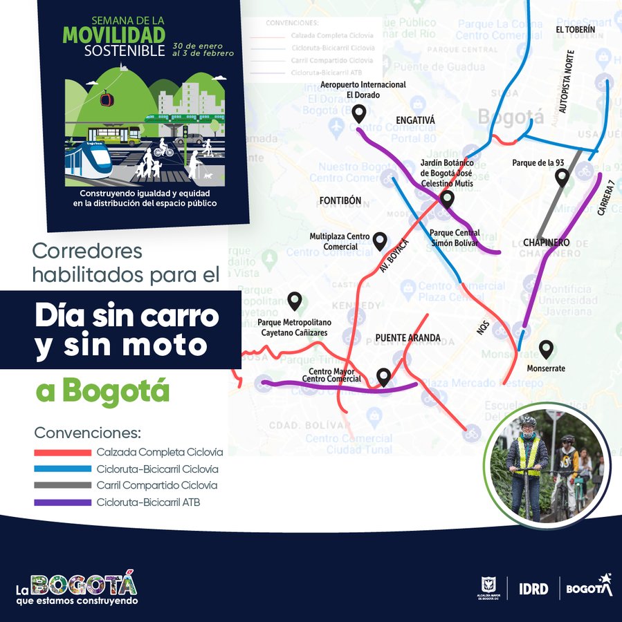 Mapa con las ciclovías para el Día sin carro y sin moto 2023 en Bogotá