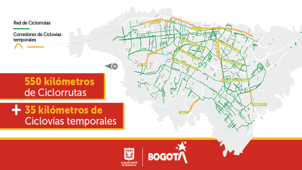 Mapa de ciclovías temporales en Bogotá. Incluye red de ciclorrutas