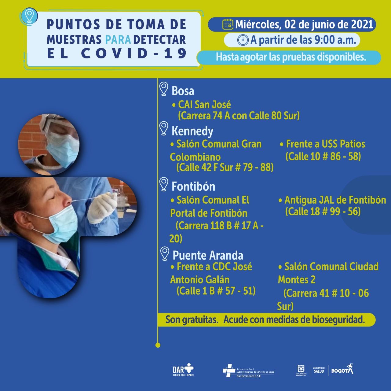 Dónde hay pruebas gratis de COVID en Bogotá hoy 2 de
