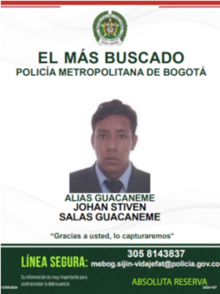 Él es Johan Stiven Salas Guacaneme, uno de los más buscados en Bogotá por hurto