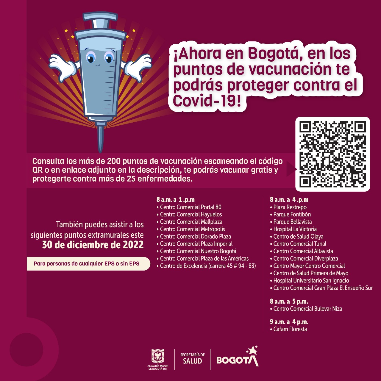Puntos de vacunación contra COVID-19 en Bogotá hoy 30 de diciembre