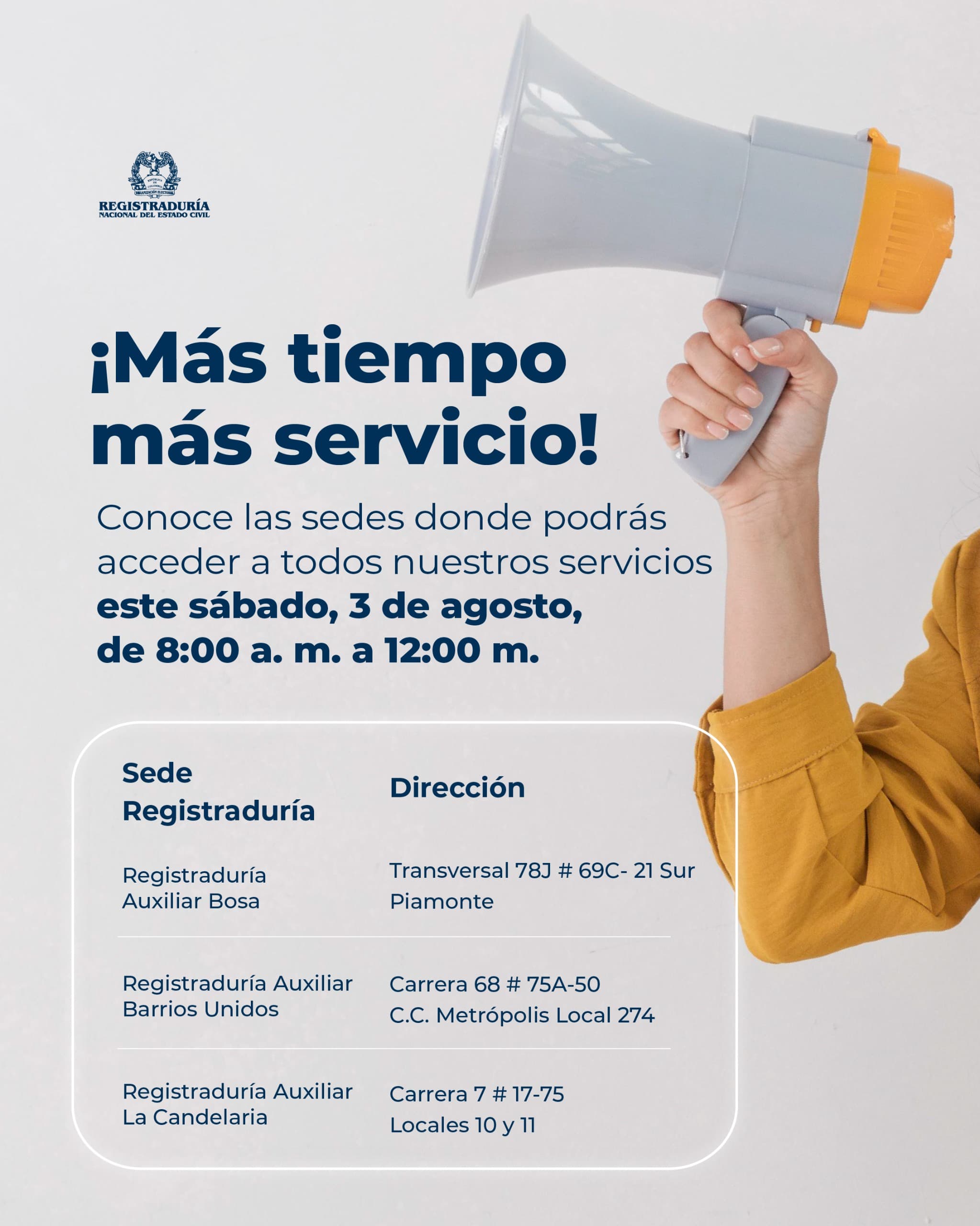 Horarios registradurías auxiliares de Bogotá 3 de agosto de 2024