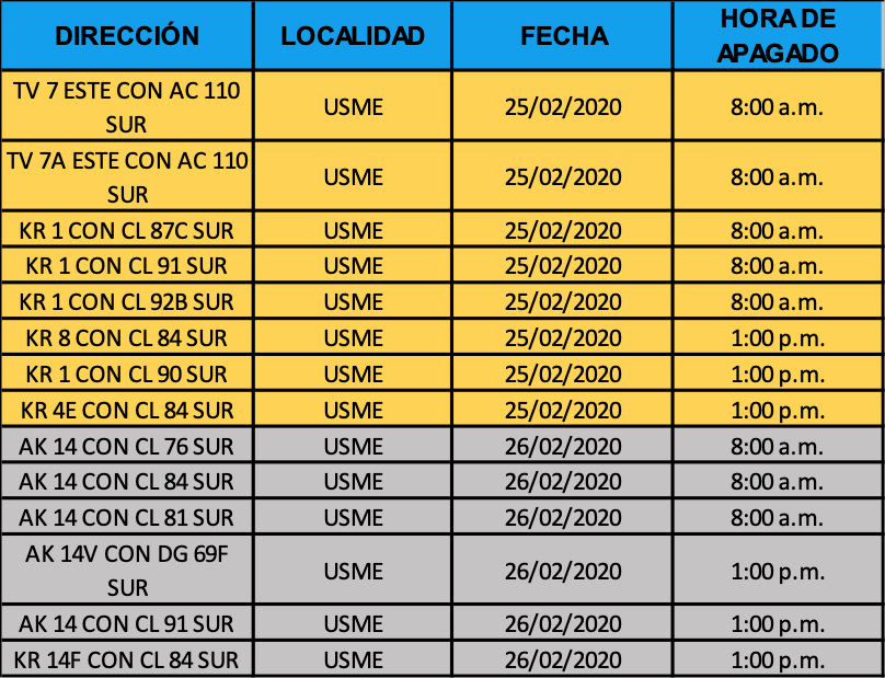 Horarios de la semoaforización en Usme.