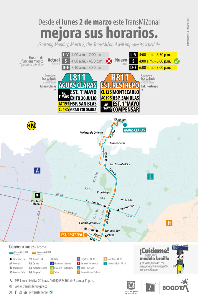 Modificación de horarios en TransMiZonal L811 - H811 en Bogotá