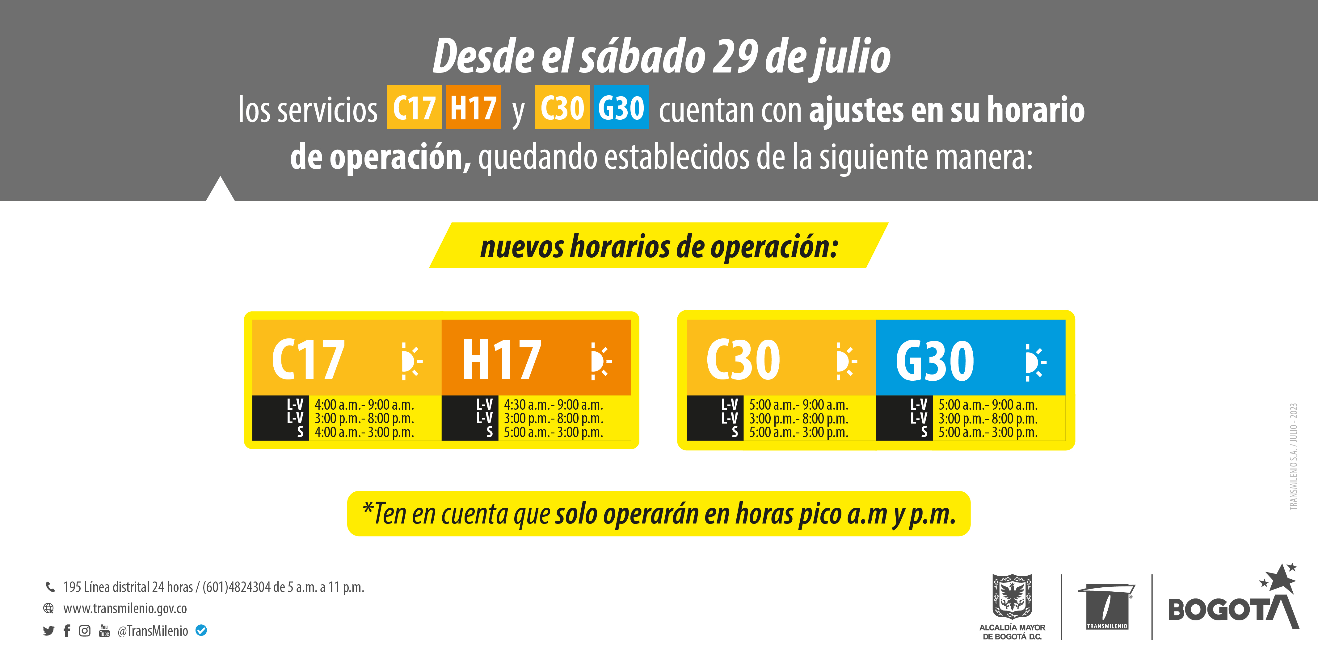 Cuáles son los horarios de operación de las rutas C17, H17, C30 y G30