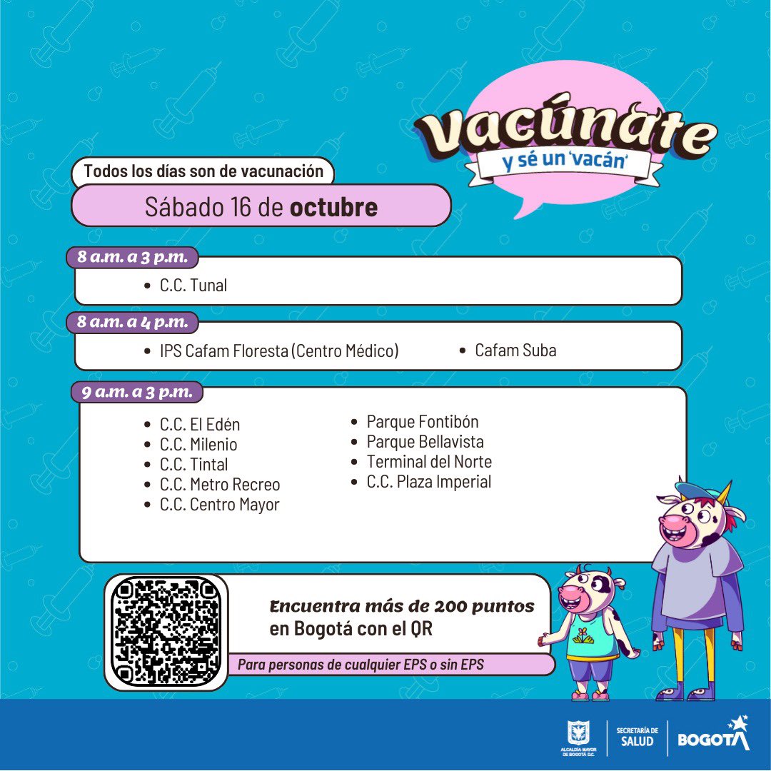 Puntos de vacunación gratuita en Bogotá hoy sábado 16 de noviembre de 2024