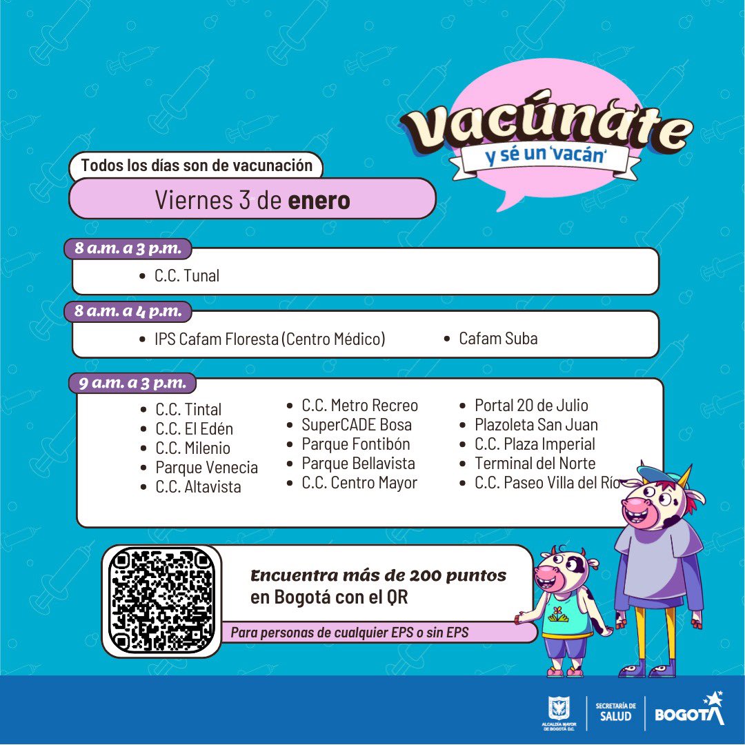 Puntos de vacunación gratuita en Bogotá hoy viernes 3 de enero de 2025