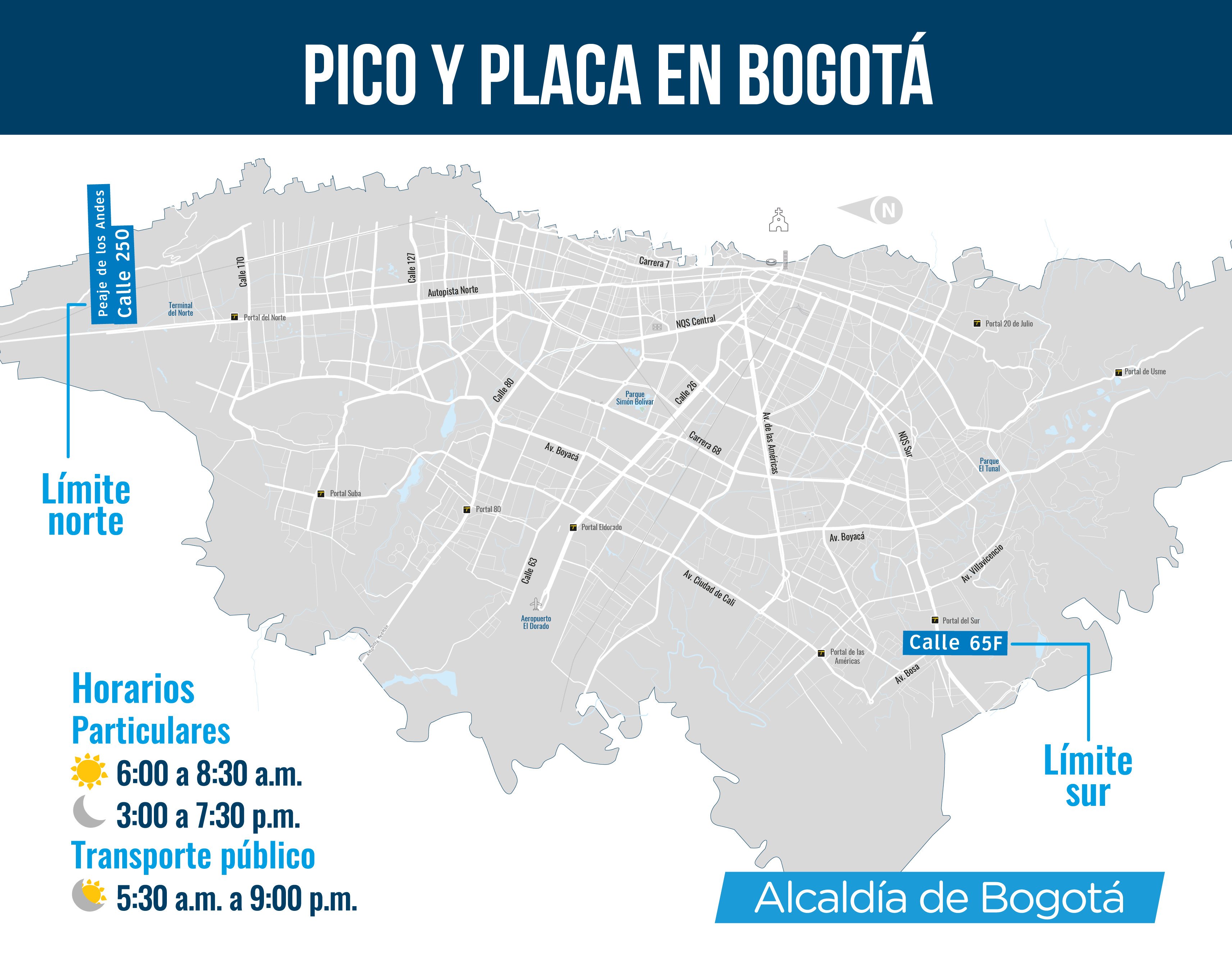 Mapa de Bogotá con el pico y placa establecido para el día 