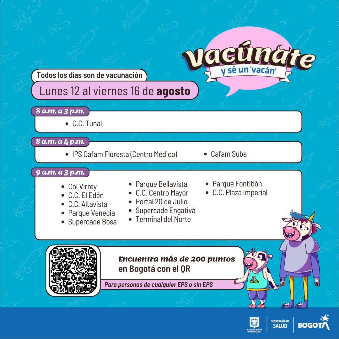 Puntos de vacunación gratuitos en Bogotá lunes 12 de agosto de 2024