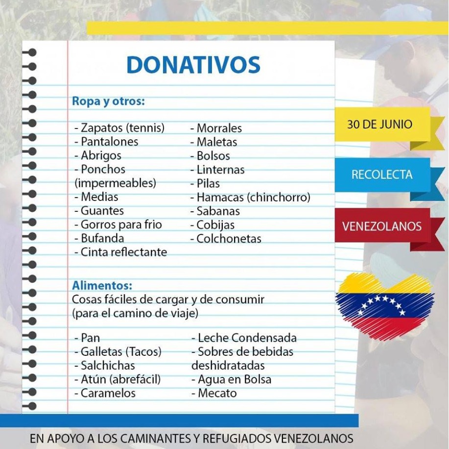 volante informativo con los elemento que se recibirán en la donación para ayuda humanitaria de ciudadanos venezolanos en Cúcuta 