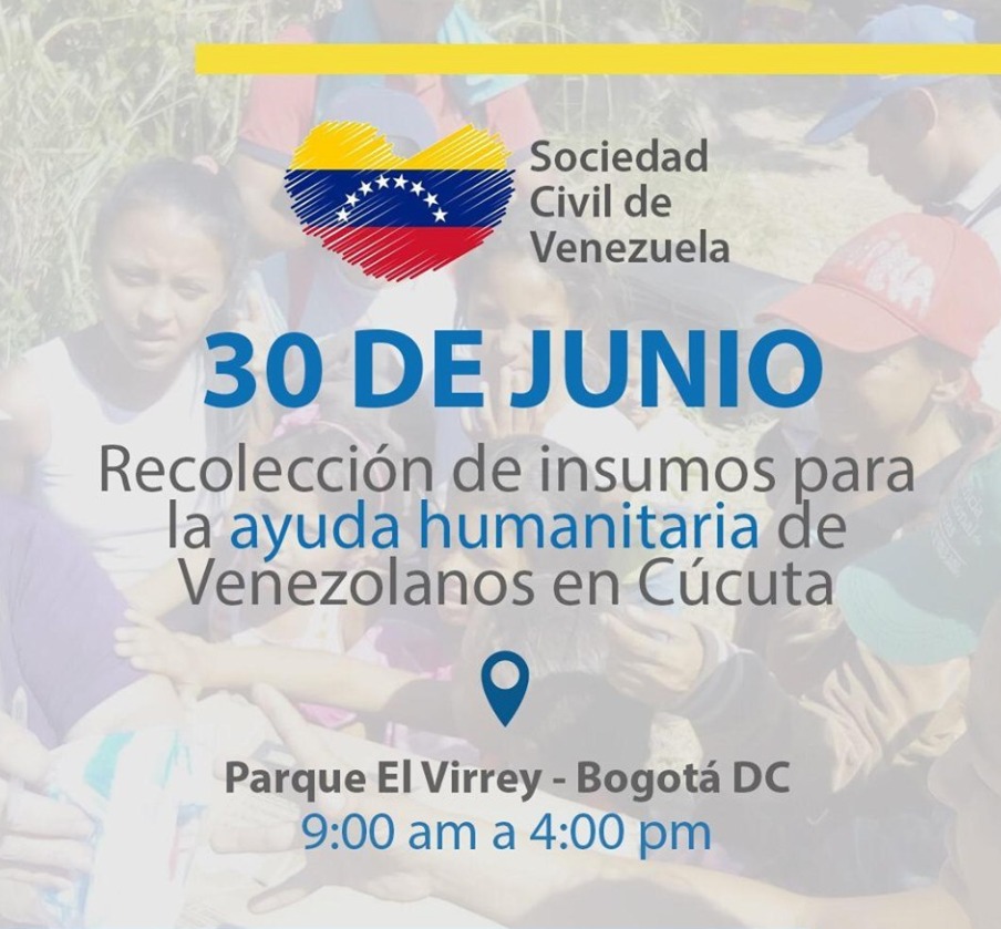 volante informativo con los colores de la bandera de Venezuela, invitando a las personas a ayudar con la donación para los ciudadanos del hermano país 