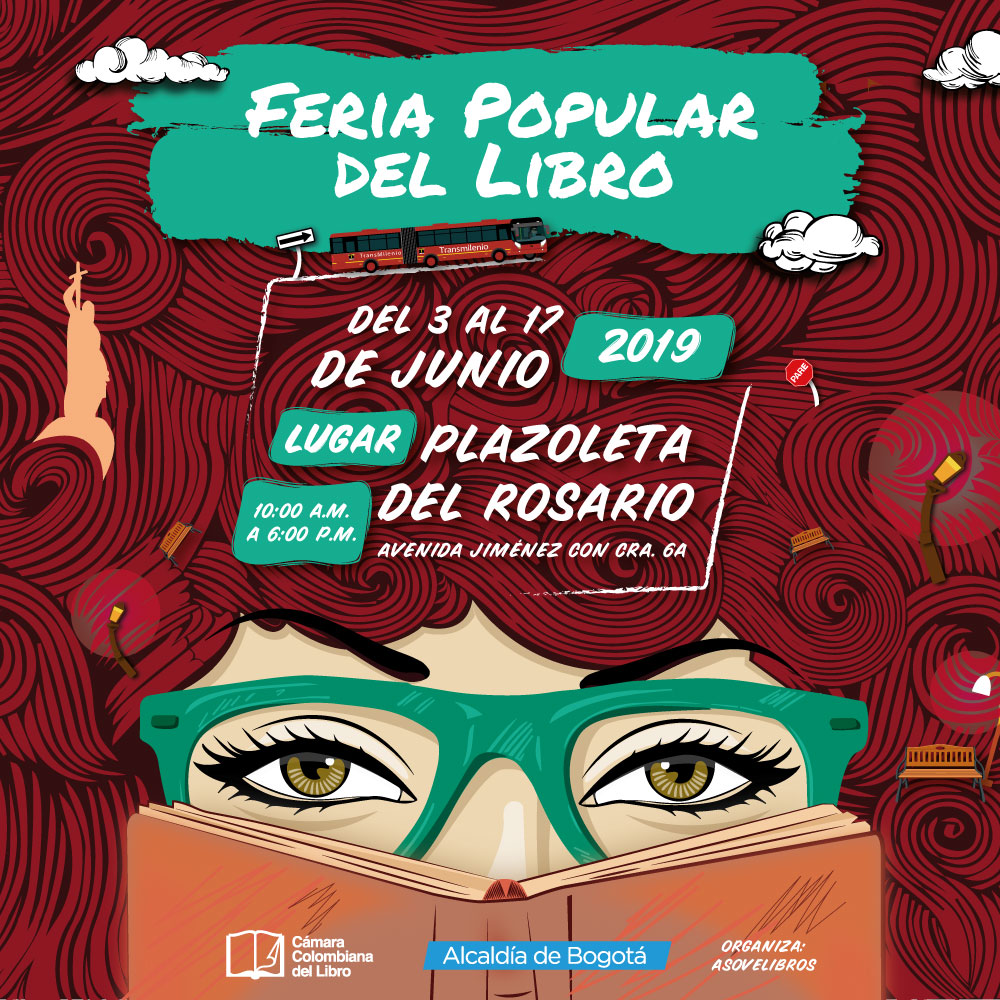 Cartel oficial de la Feria Popular del Libro con la cara ilustrada de una mujer leyendo un libro