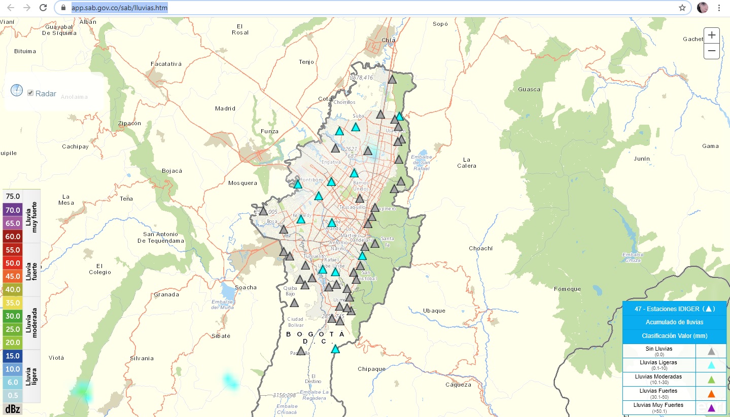 Imagen del mapa de Bogotá con los puntos señalados en donde caerán lluvias
