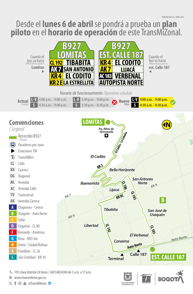 Ruta B927 Lomitas Estación Calle 187 cambió horario Bogotá