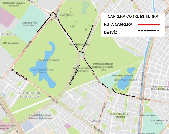 Cierres y desvíos viales Bogotá por Carrera atlética Corre Mi Tierra