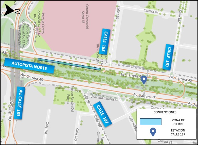 Obras: cierre en Autonorte frente a estaciones TransMilenio calle 187 y Terminal