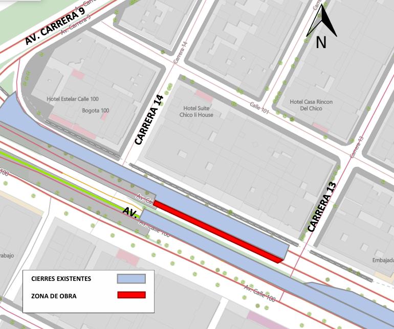 Cierre en la avenida calle 100 entre carreras 13 y 14 en Bogotá