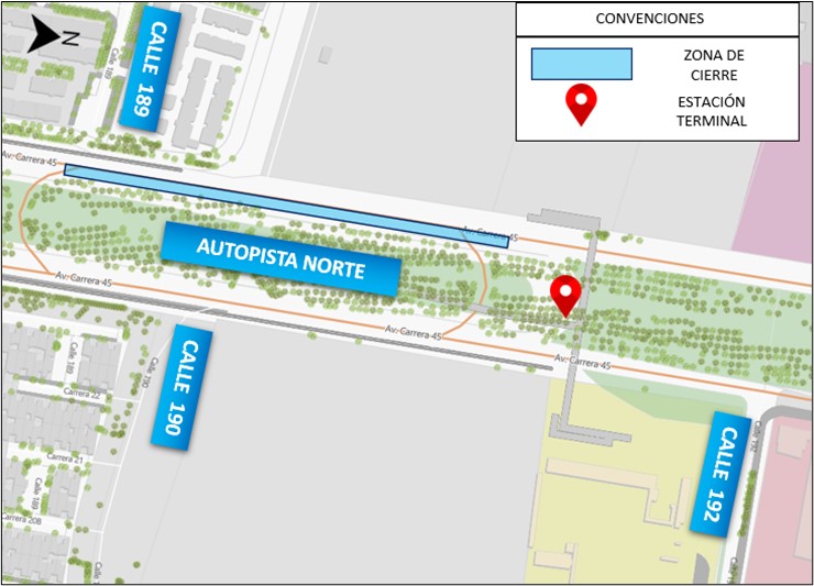 Obras: cierre en Autonorte frente a estaciones TransMilenio calle 187 y Terminal