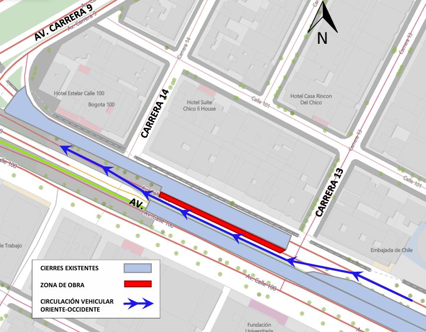 Cierre en la avenida calle 100 entre carreras 13 y 14 en Bogotá