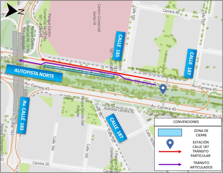 Obras: cierre en Autonorte frente a estaciones TransMilenio calle 187 y Terminal