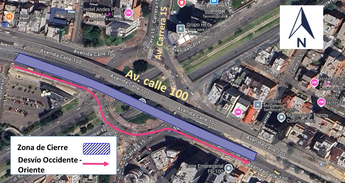 cierre del puente calle 100 con carrera 15, sentido occidente - oriente