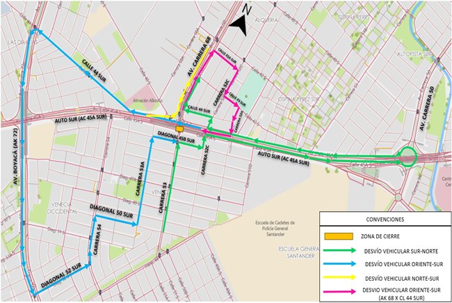 Por obras cierre en avenida carrera 68 con autopista Sur en Bogotá 