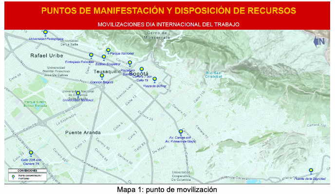 Mapa 1 punto de movilizaciones en Bogotá Primero de Mayo