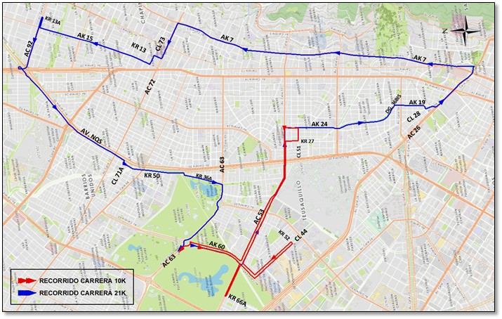 Mapa 1 – Recorrido de la carrera Media Maratón de Bogotá 21K y 10K.