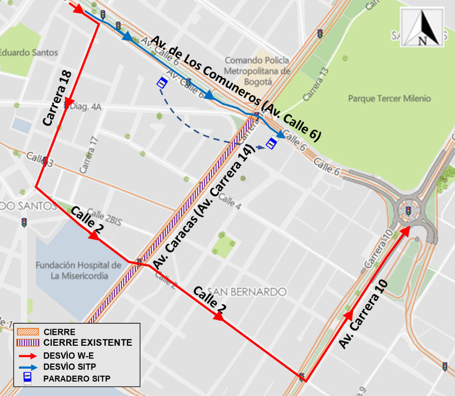 Obras Metro Bogotá cierre en la avenida calle 6 con avenida Caracas