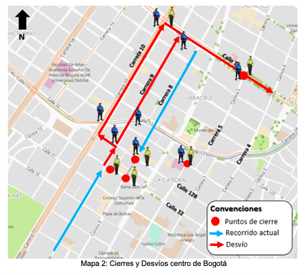Mapa 2 cierres y desvíos centro de Bogotá Primero de Mayo