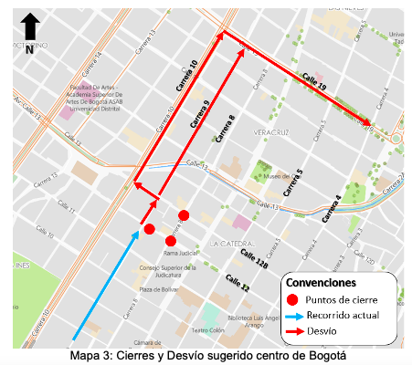 Mapa 3 cierres y desvío sugerido centro de Bogotá Primero de Mayo