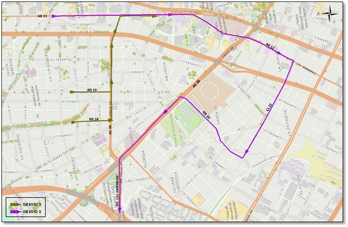 Mapa 5 – Desvíos en el cuadrante de la calle 39 y Av. Calle 26 entre Av. Carrera 24 y Carrera 5.