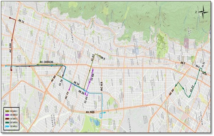 Mapa 6 – Desvíos cuadrante Carrera 5 y Av. Caracas entre Av. Calle 26 y Av. Calle 100.