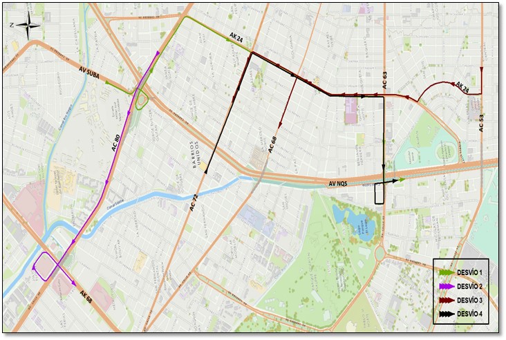 Mapa 8 – Desvíos en el cuadrante de la Av. Calle 100 y Av. Calle 68 entre Av. NQS y Av. Carrera 68.