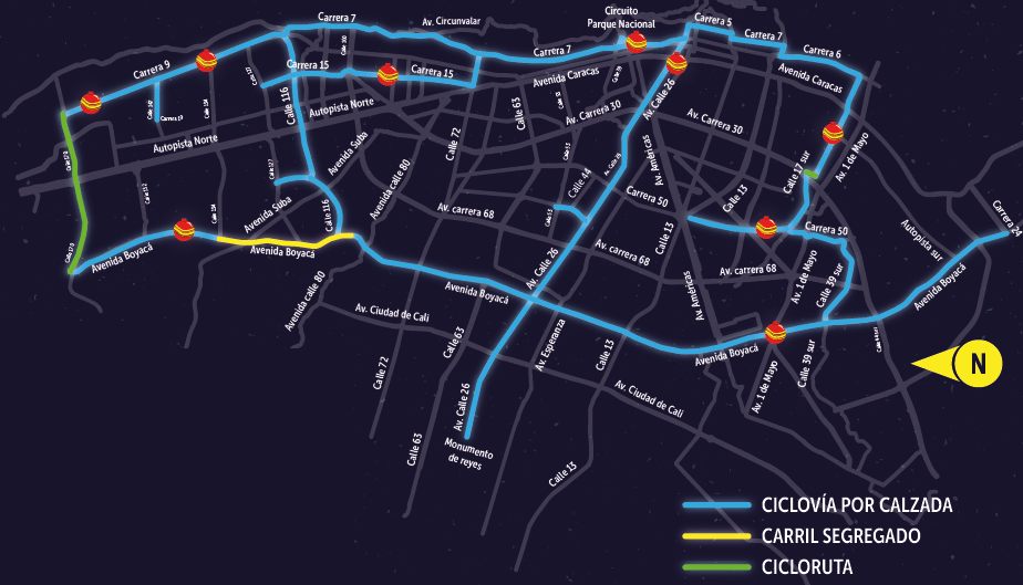 Mapa de la ciclovía nocturna
