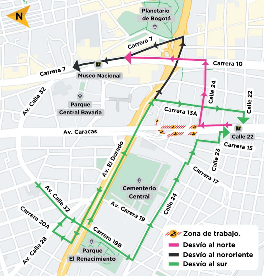 Obras Metro Bogotá desvíos en la avenida Caracas entre calles 24 y 26 