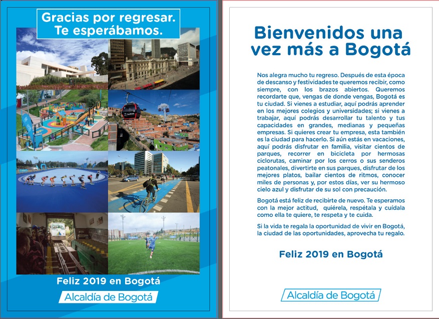 Mensaje de bienvenida a Bogotá 
