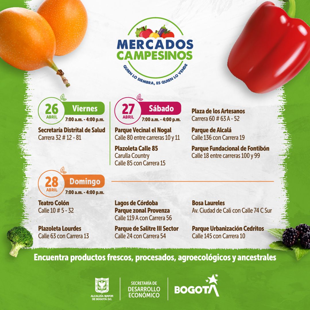 Mercados Campesinos en Bogotá del 26 al 28 de abril de 2024