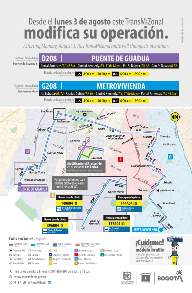 TransMilenio Bogotá modificación ruta TransMiZonal D208 G208