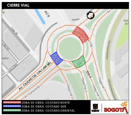 Movilidad en Bogotá cierres glorieta avenida Cali con av. Las Américas mapa 1